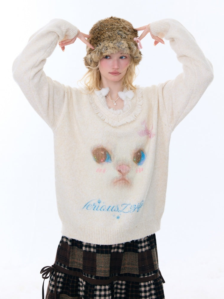Cat Pattern Plush Collar Lazy Style Soft Waxy Sweater【s0000015261】