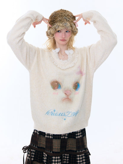Cat Pattern Plush Collar Lazy Style Soft Waxy Sweater【s0000015261】