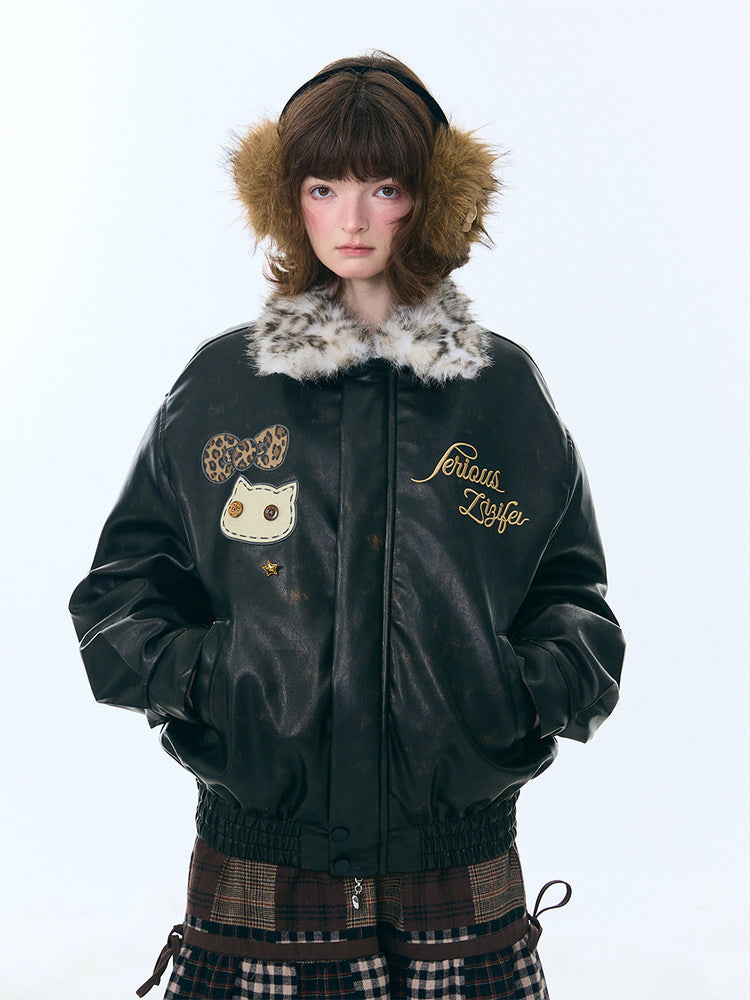 Fur Collar Thickened Leopard Print Plush PU Leather Jacket【s0000015259】