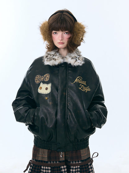Fur Collar Thickened Leopard Print Plush PU Leather Jacket【s0000015259】
