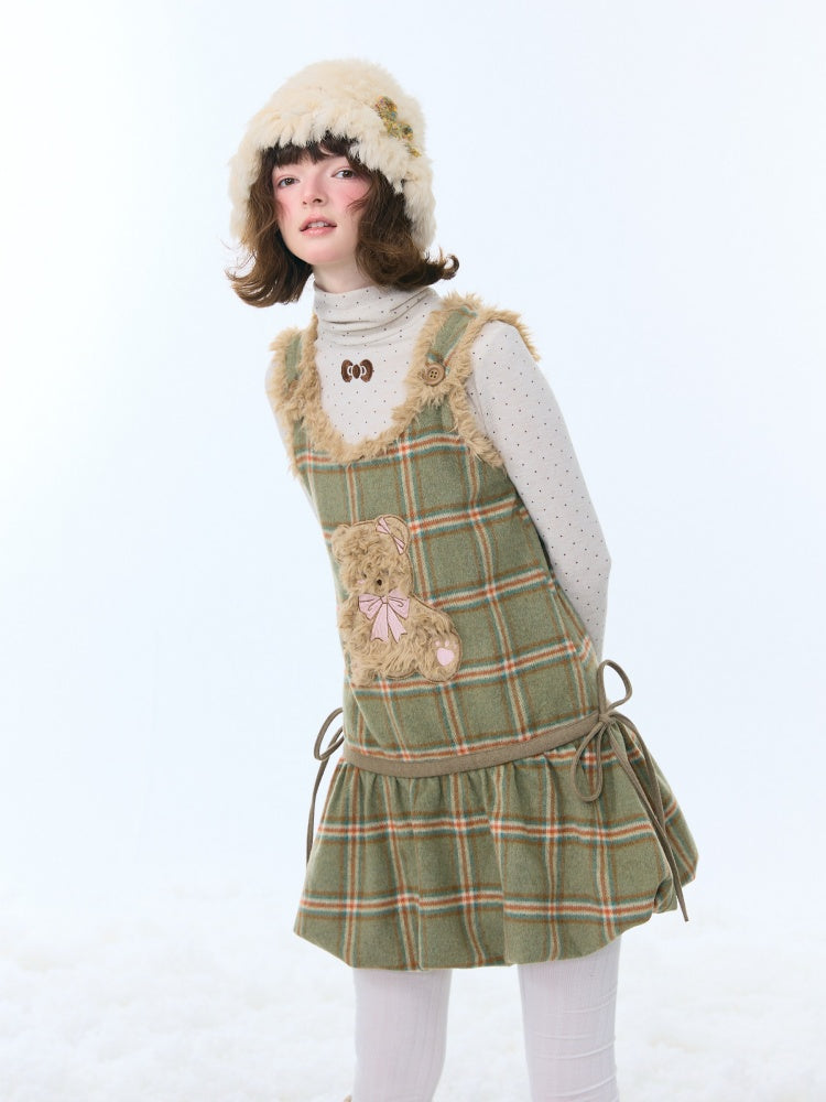 Plaid Plush Bear Pocket Hem Vest Dress【s0000015257】