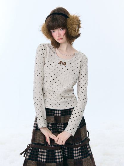 Polka Dot Chain Top Iong Sleeve T-Shirt Slim Knitted Base Shirt【s0000015256】