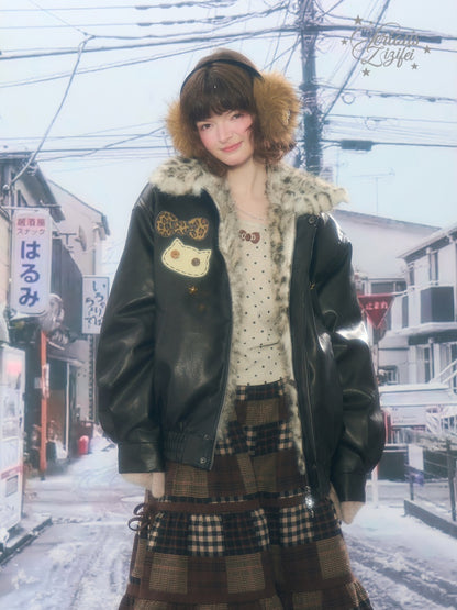 Fur Collar Thickened Leopard Print Plush PU Leather Jacket【s0000015259】