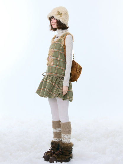 Plaid Plush Bear Pocket Hem Vest Dress【s0000015257】