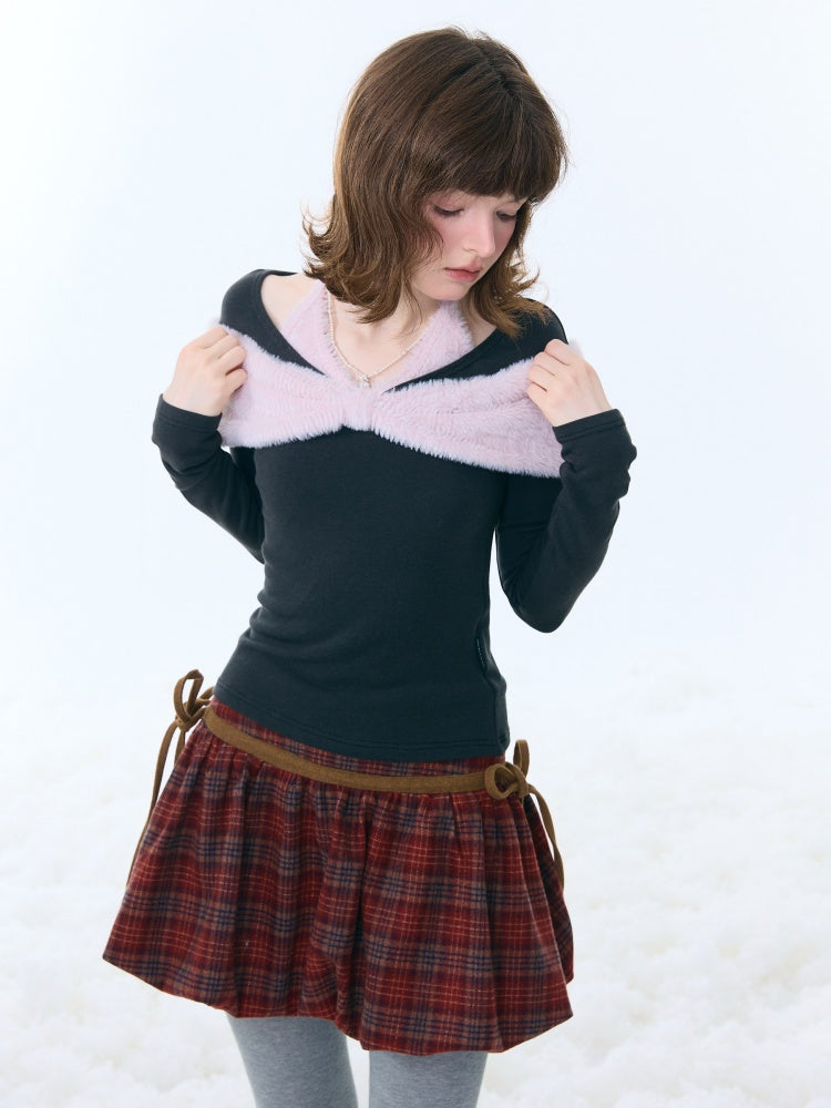 Bow Slim Top Plush Halter-Neck Knitted Base Shirt【s0000015264】
