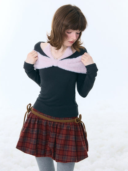 Bow Slim Top Plush Halter-Neck Knitted Base Shirt【s0000015264】
