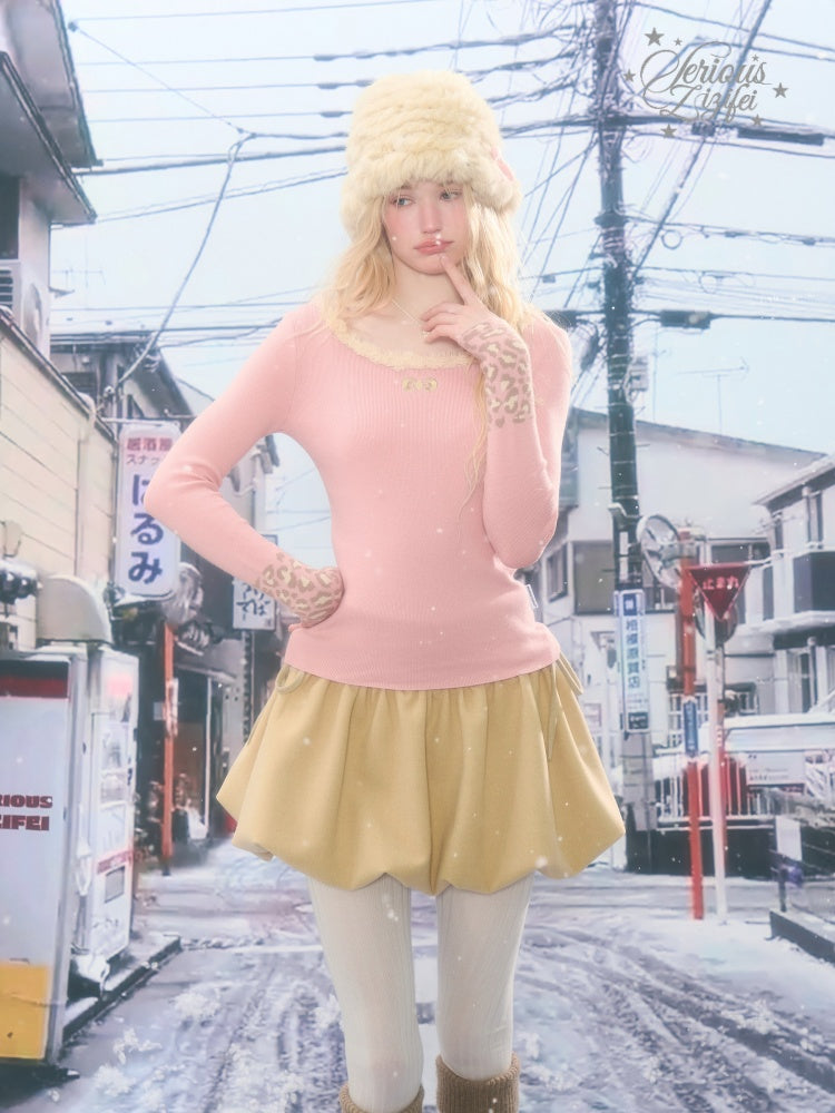 Leopard Print Cuff Long Sleeve T-Shirt Slimming Crew Neck Knitted Base Shirt【s0000015263】