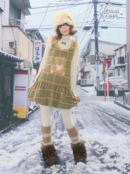 Plaid Plush Bear Pocket Hem Vest Dress【s0000015257】