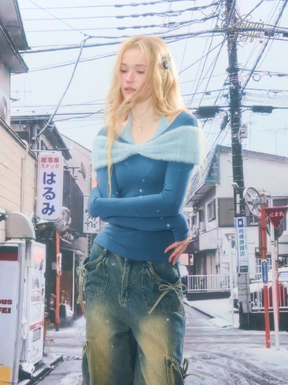 Bow Slim Top Plush Halter-Neck Knitted Base Shirt【s0000015264】