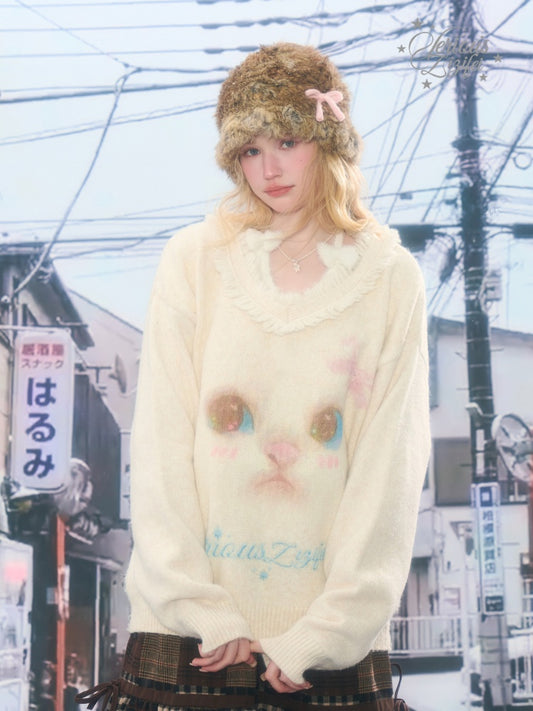 Cat Pattern Plush Collar Lazy Style Soft Waxy Sweater【s0000015261】