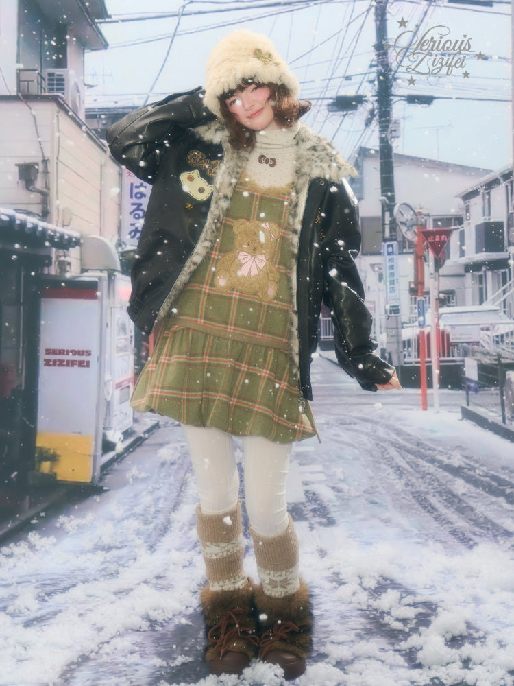 Fur Collar Thickened Leopard Print Plush PU Leather Jacket【s0000015259】