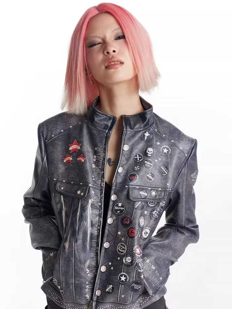 Retro distressed punk leather jacket【s0000010429】