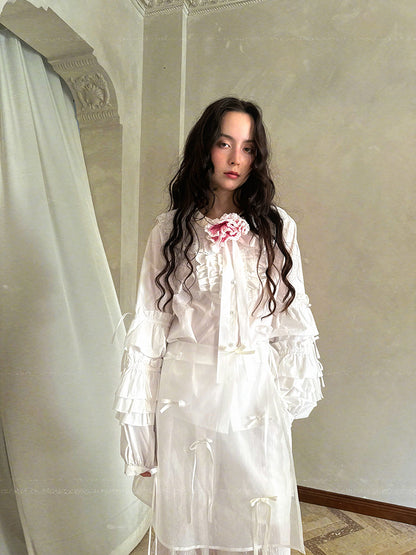 Pink checkered lace trim long-sleeved shirt【s0000012761】