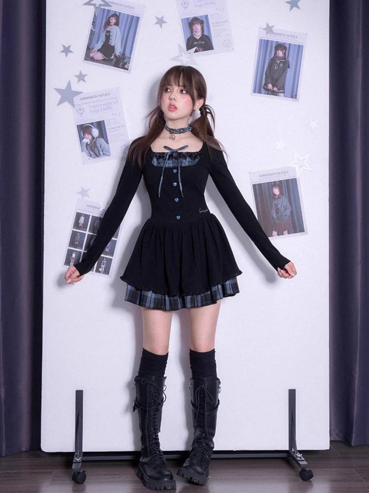 Plaid long sleeve knit dress【s0000011282】