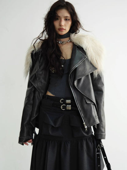 FAKE TWO PIECE PU Leather FUR JACKET [S0000010925]