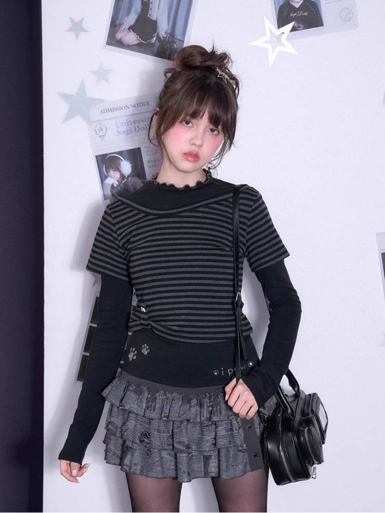 Striped fake two-piece long sleeve T-shirt【s0000011650】