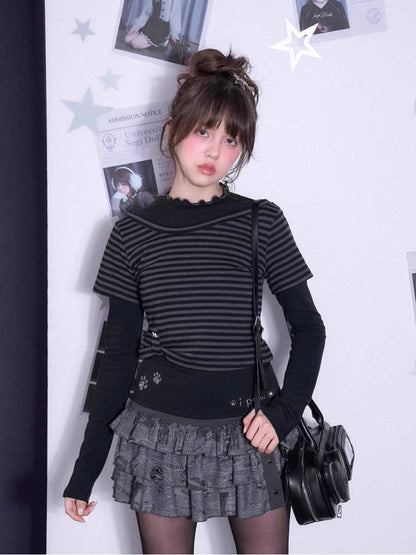 Striped fake two-piece long sleeve T-shirt【s0000011650】