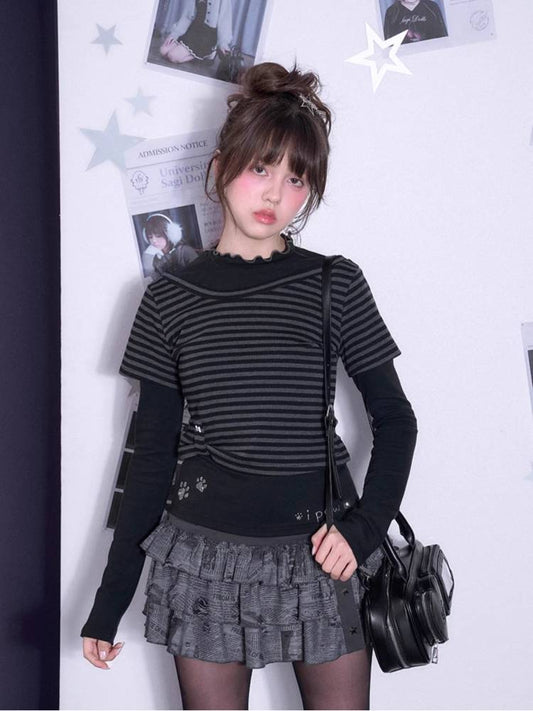 Striped fake two-piece long sleeve T-shirt【s0000011650】