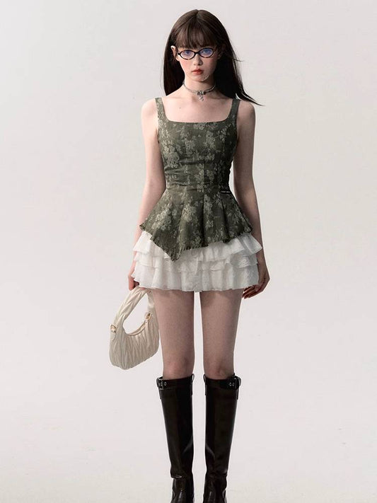 Olive green printed mini skirt【s0000009349】