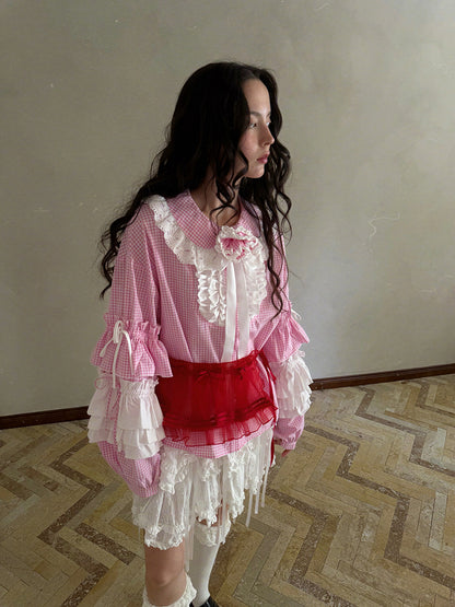 Pink checkered lace trim long-sleeved shirt【s0000012761】