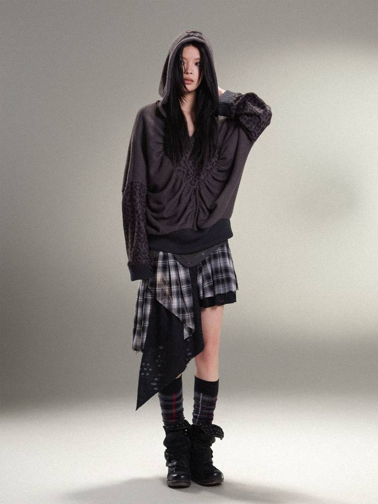 표범 프린트 하트 후드 느슨한 니트 탑 【S000011456】