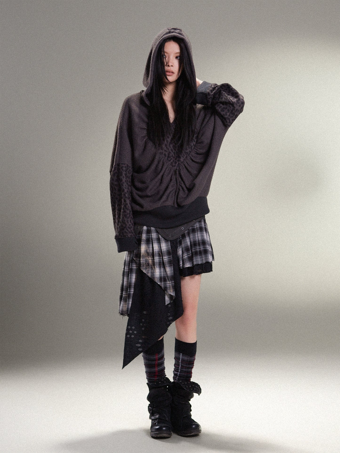 표범 프린트 하트 후드 느슨한 니트 탑 【S000011456】