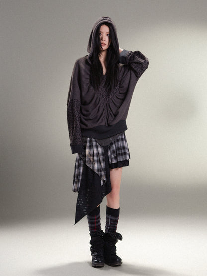 표범 프린트 하트 후드 느슨한 니트 탑 【S000011456】