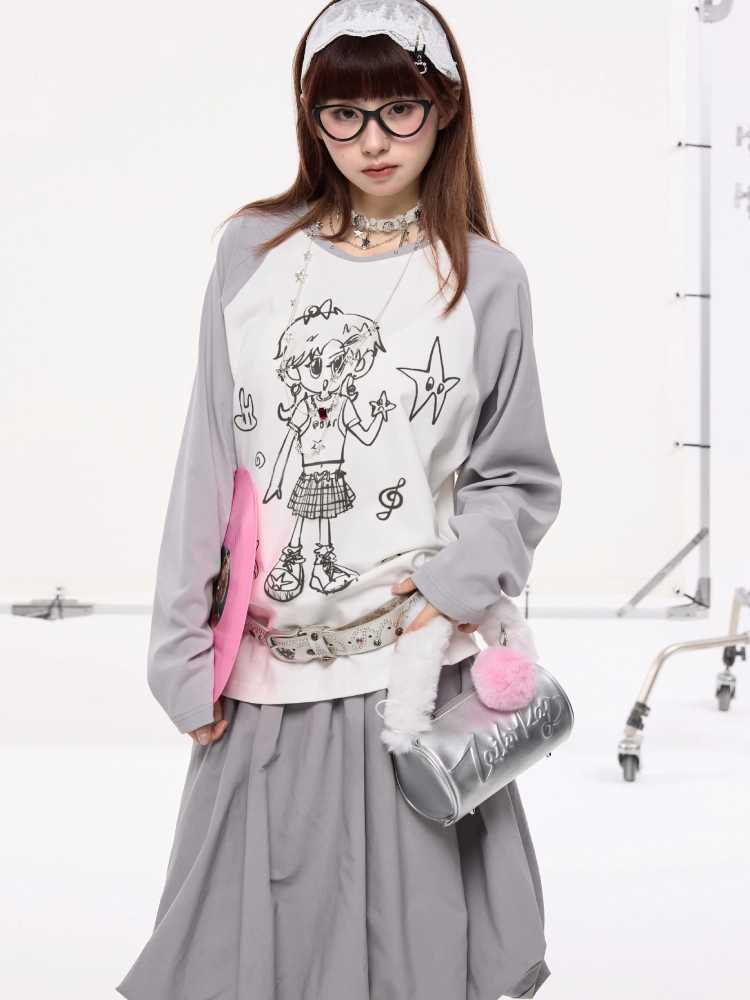 Hand -drawn Girly Print Long-Sleeed T-Shirt [S0000010420]