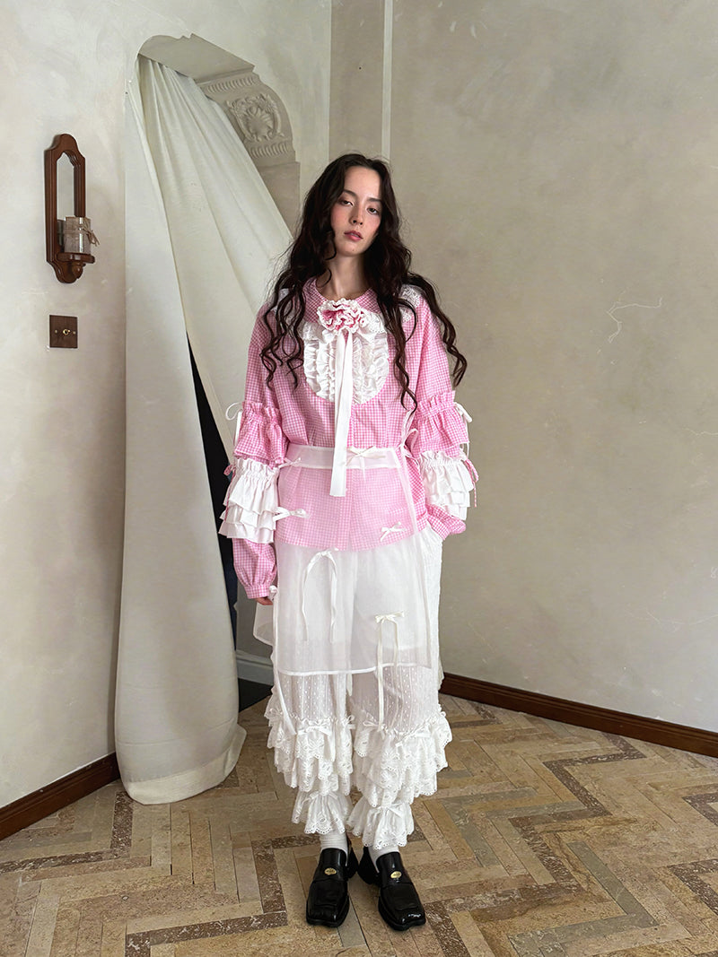 Pink checkered lace trim long-sleeved shirt【s0000012761】