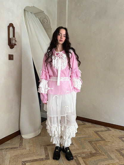 Pink checkered lace trim long-sleeved shirt【s0000012761】