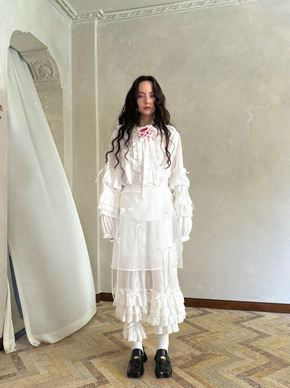 Pink checkered lace trim long-sleeved shirt【s0000012761】