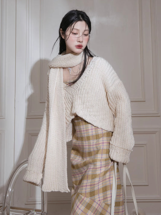 Thick wool short sweater+scarf【s0000005865】