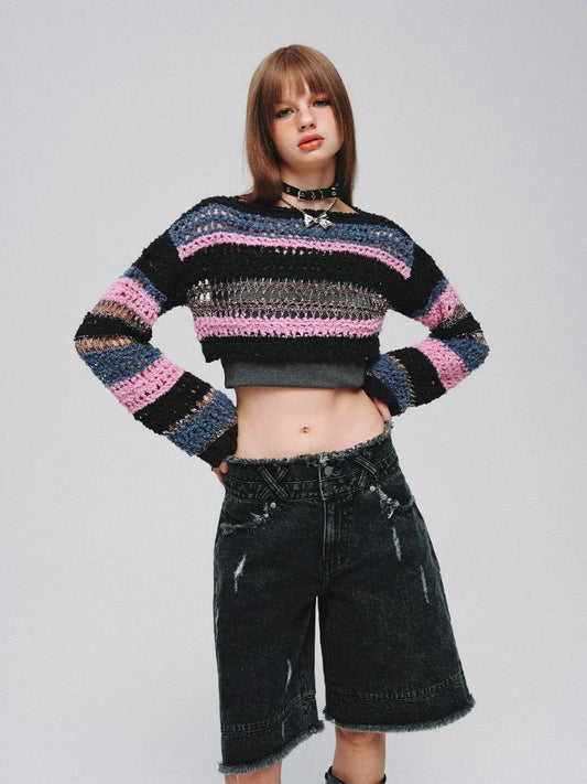 Mixed color striped short sweater【s0000008380】