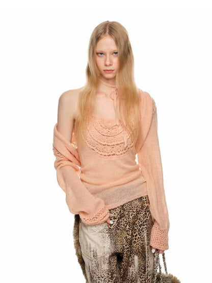 Halter neck vest and loose short cardigan【s0000011398】