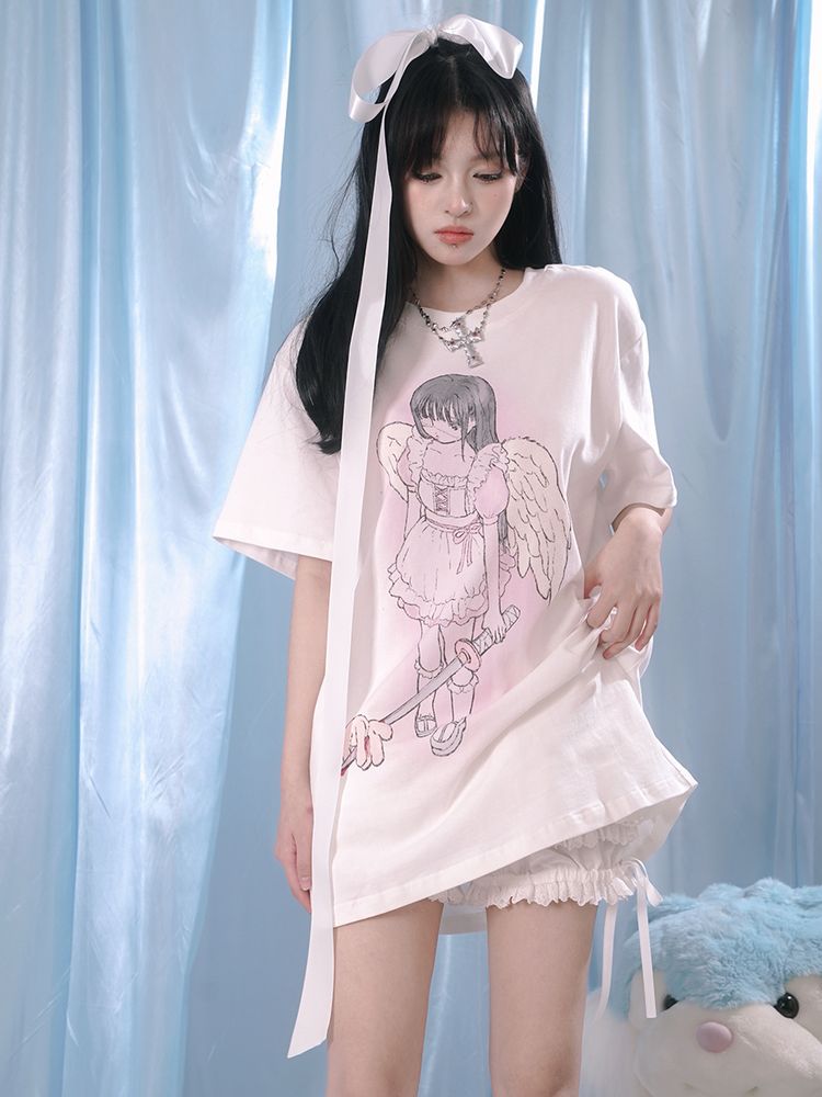 Angel print loose T-shirt【s0000002181】