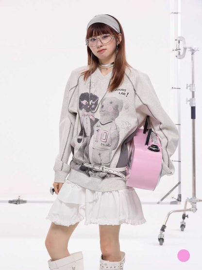 OVERSIZED LOOSE BEAR PRINT TOP AND BAT CURTAIN [S0000010426]