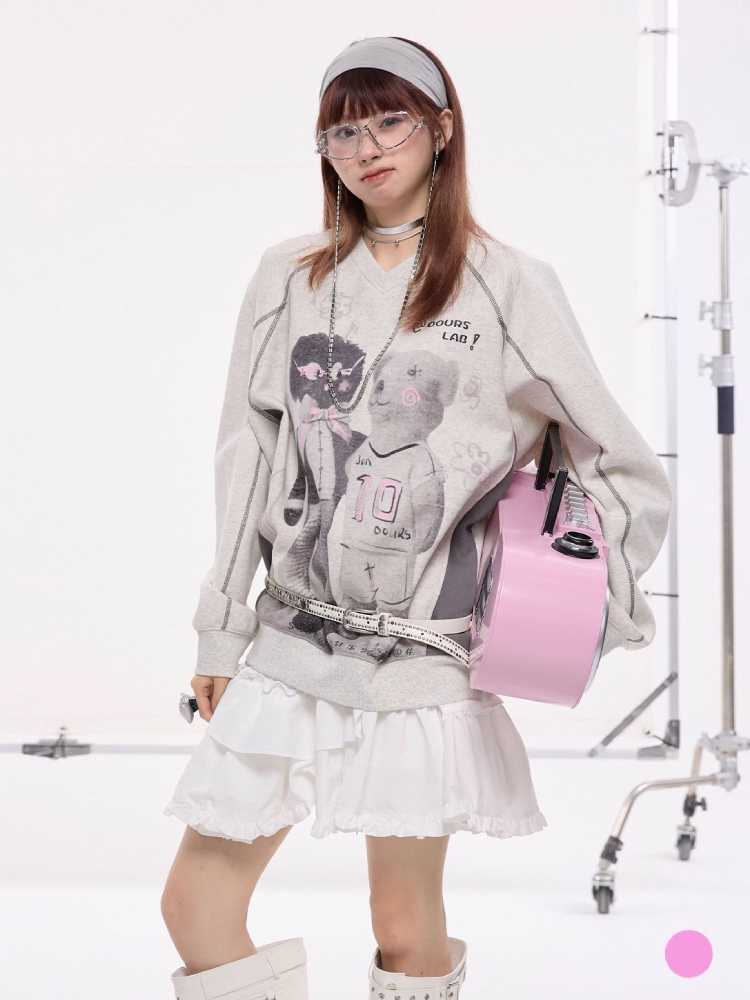 OVERSIZED LOOSE BEAR PRINT TOP AND BAT CURTAIN [S0000010426]