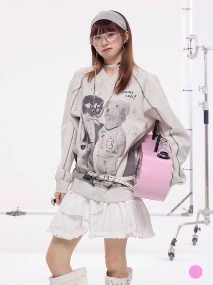 OVERSIZED LOOSE BEAR PRINT TOP AND BAT CURTAIN [S0000010426]