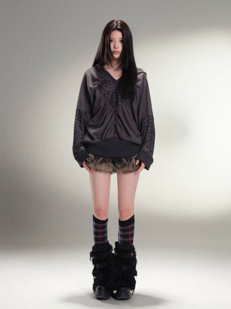 표범 프린트 하트 후드 느슨한 니트 탑 【S000011456】