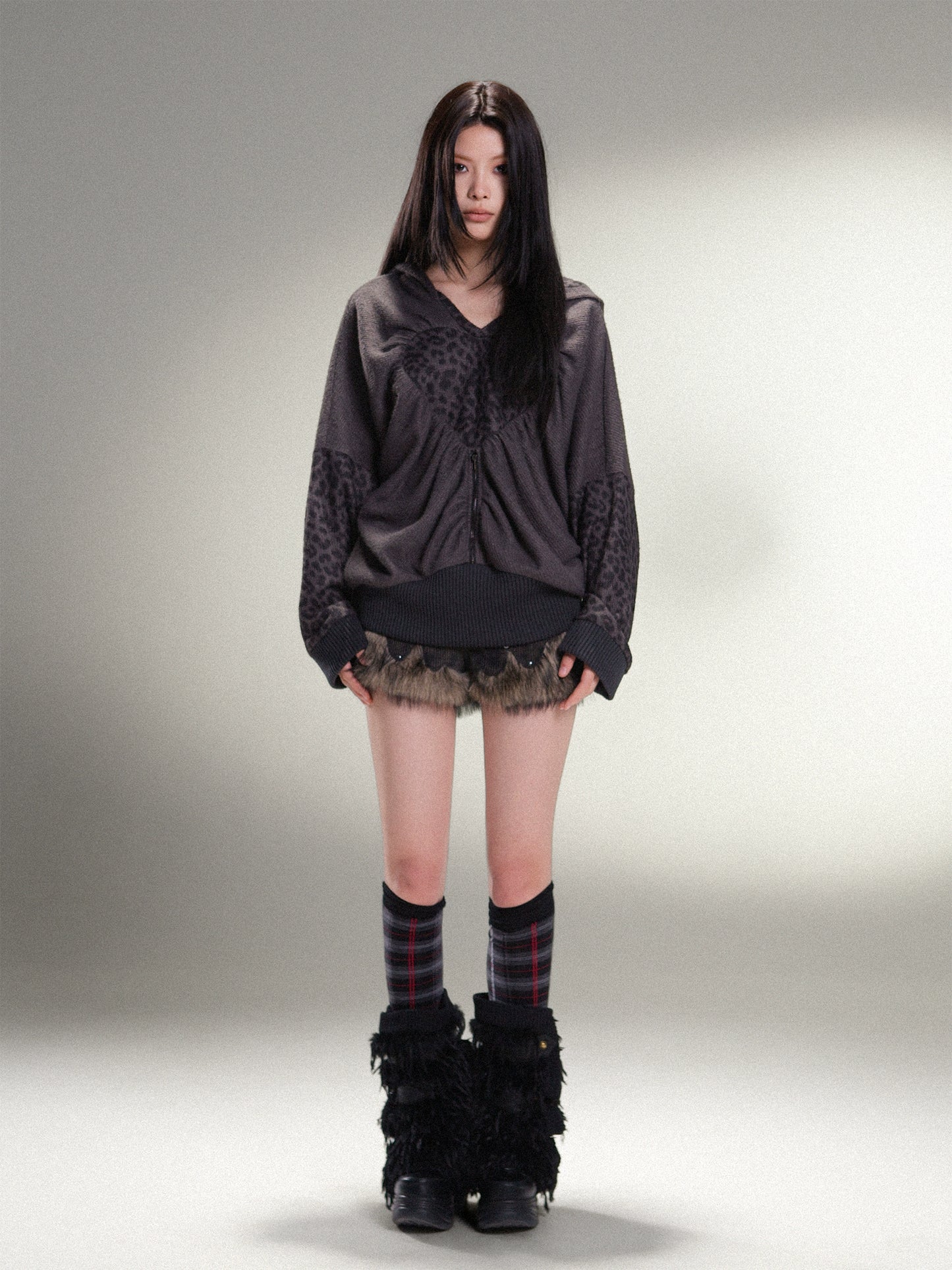 표범 프린트 하트 후드 느슨한 니트 탑 【S000011456】