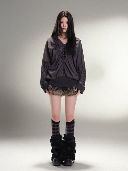 표범 프린트 하트 후드 느슨한 니트 탑 【S000011456】