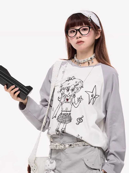 Hand -drawn Girly Print Long-Sleeed T-Shirt [S0000010420]