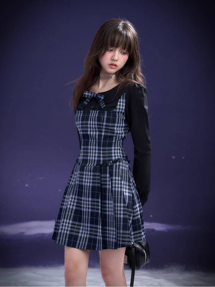 Plaid fake two-piece dress【s0000011655】