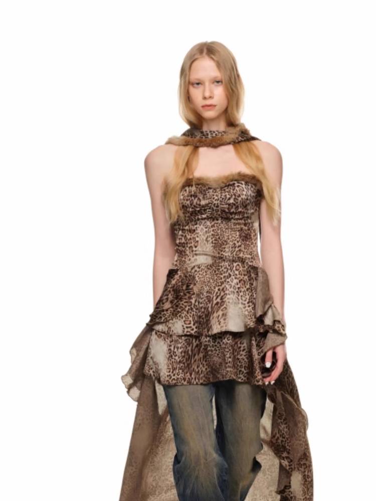 Leopard print chiffon tube top dress【s0000011401】