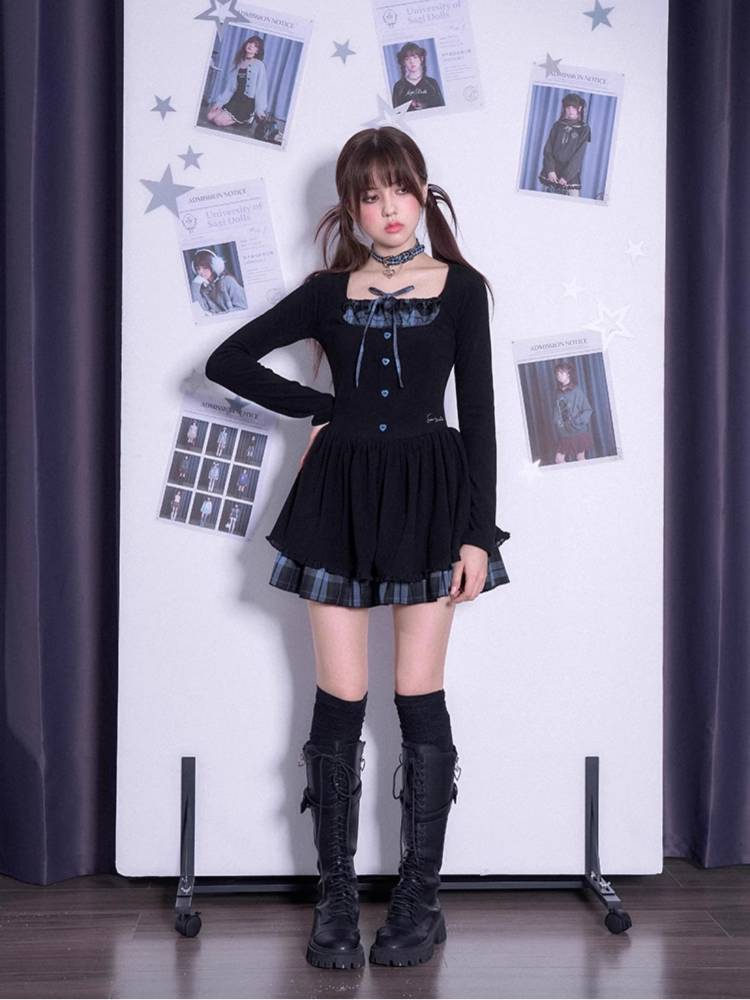 Plaid long sleeve knit dress【s0000011282】