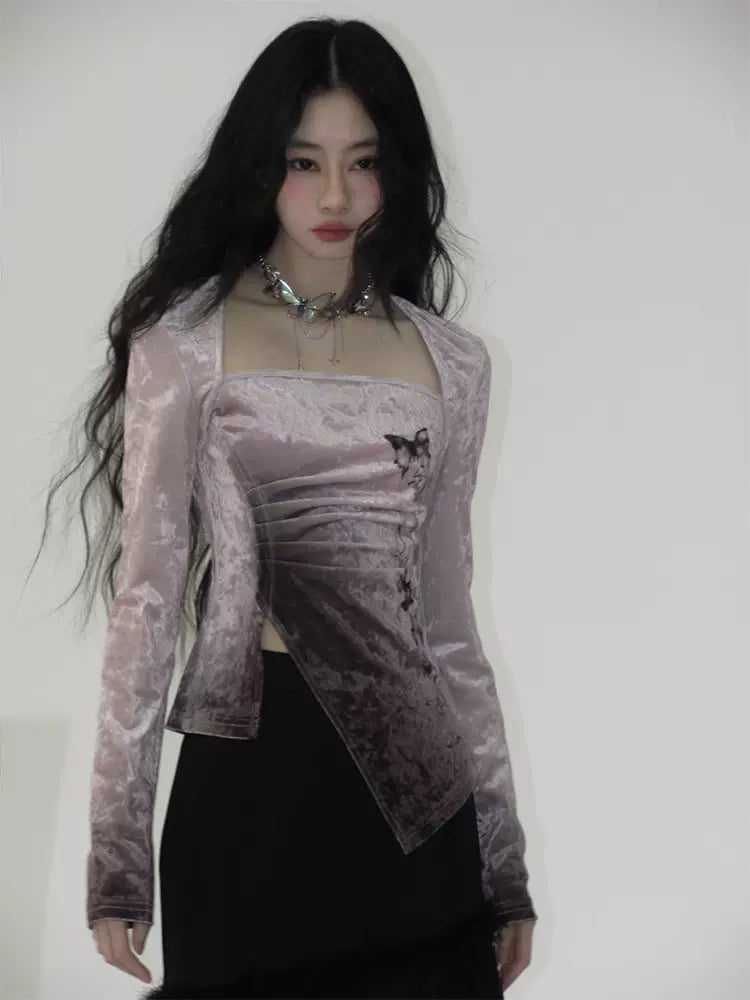 Gradient butterfly velvet top and skirt【s0000006402】