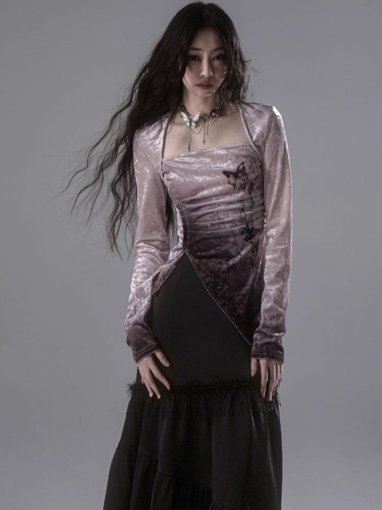 Gradient butterfly velvet top and skirt【s0000006402】