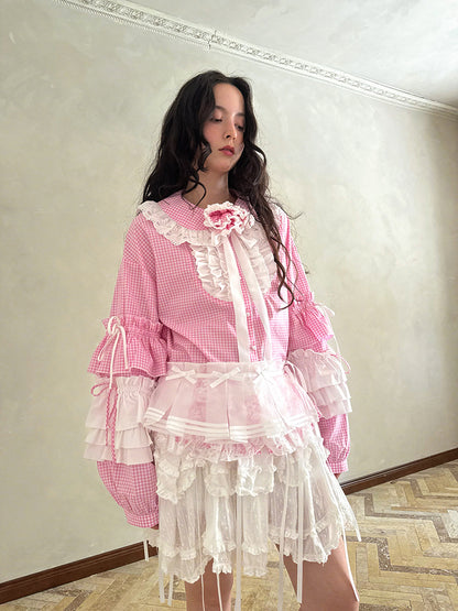 Pink checkered lace trim long-sleeved shirt【s0000012761】