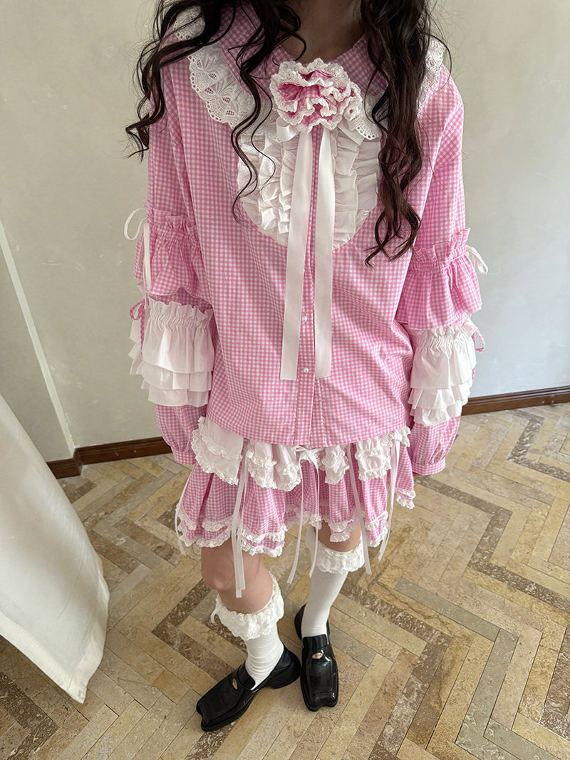 Pink checkered lace trim long-sleeved shirt【s0000012761】