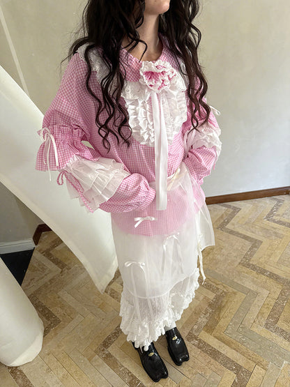 Pink checkered lace trim long-sleeved shirt【s0000012761】